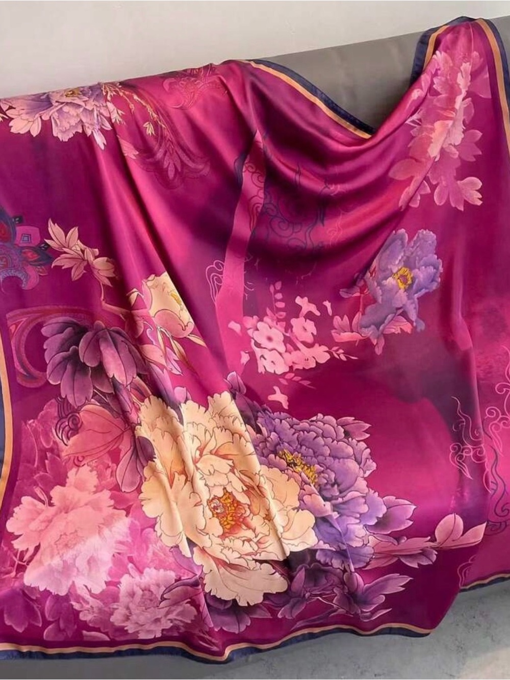 Large Magenta Floral Satin Square Scarf 43" Pink Purple Peony Print Wrap